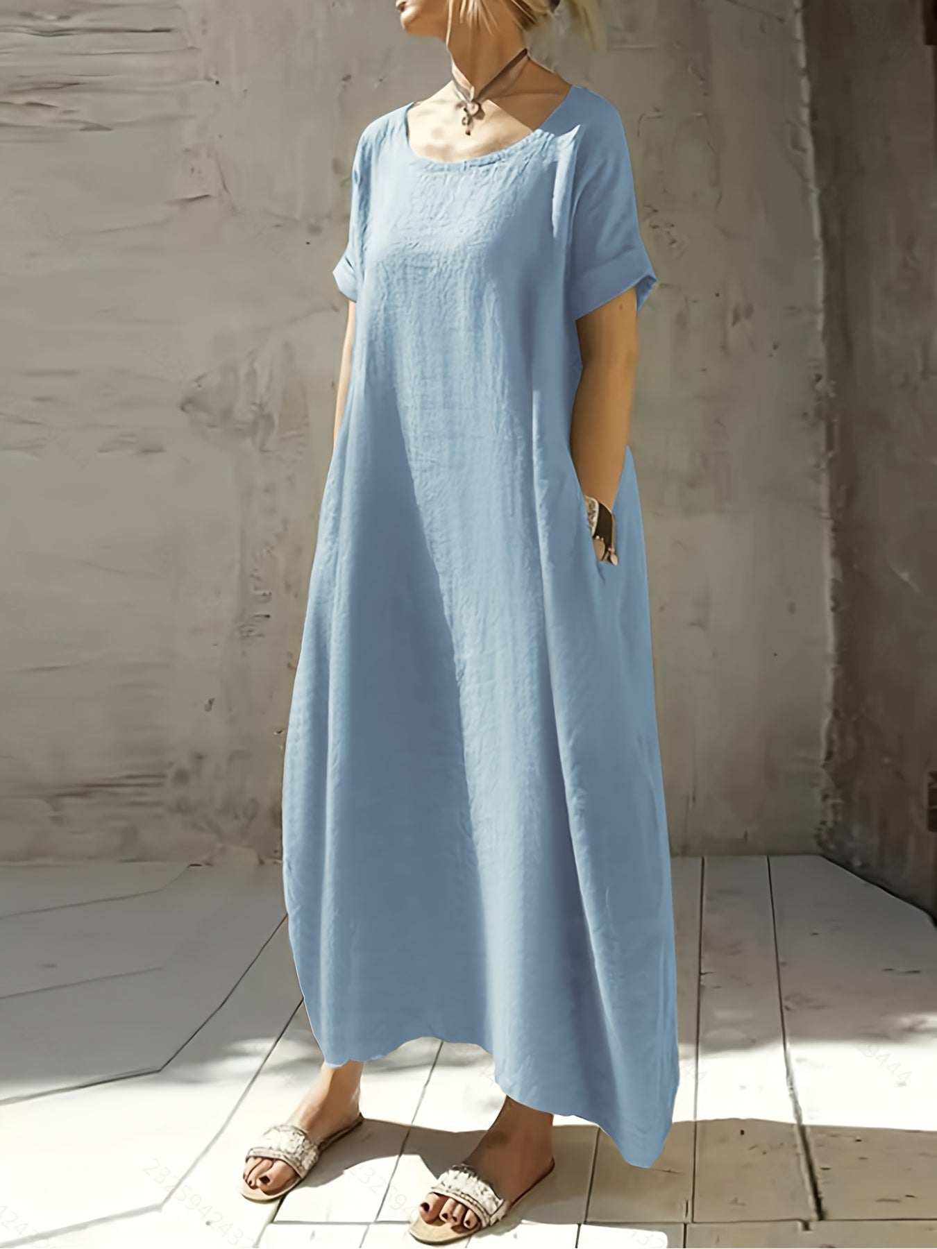 Women's New Summer Round Neck Short Sleeve Loose Dress with Pocket, Elegant and Pure Color Mid-Long Casual Skirt